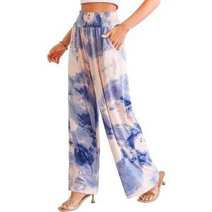 Tie Dye Wide Leg Pants Elastic Waistband Pockets Blue Pink Size XL Palazzo